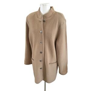 Vintage Talbots Long Mid Length Wool Jacket Tan Mandarin Collar Buttons L Preppy